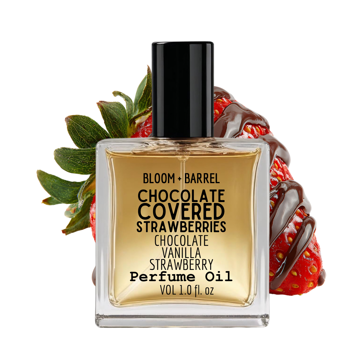 Perfume oil bottle labeled 'Chocolate Covered Strawberries' with a strawberry and chocolate decoration on a white background.