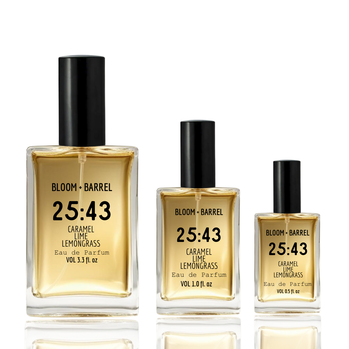 Three bottles of Bloom & Barrel 25:43 Caramel Lime Lemongrass Eau de Parfum on a white background