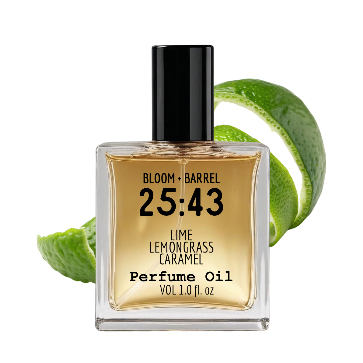 Perfume oil bottle with lime and lemongrass on a white background