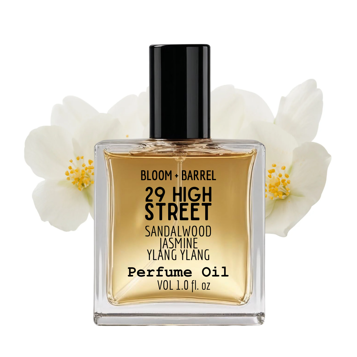 Perfume oil bottle with floral design on a white background