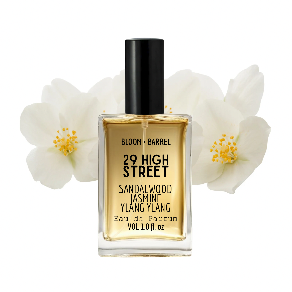 Perfume bottle labeled '29 High Street' with sandalwood jasmine ylang ylang on a white background
