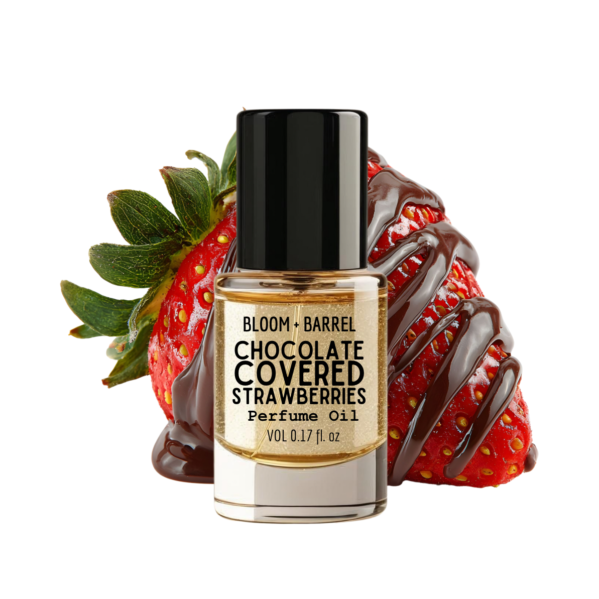 Perfume oil bottle labeled 'Chocolate Covered Strawberries' with a strawberry and chocolate drizzle on a white background.
