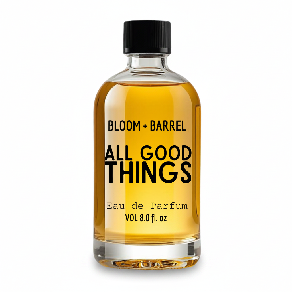 Bottle of 'All Good Things' eau de parfum by Bloom & Barrel on a white background