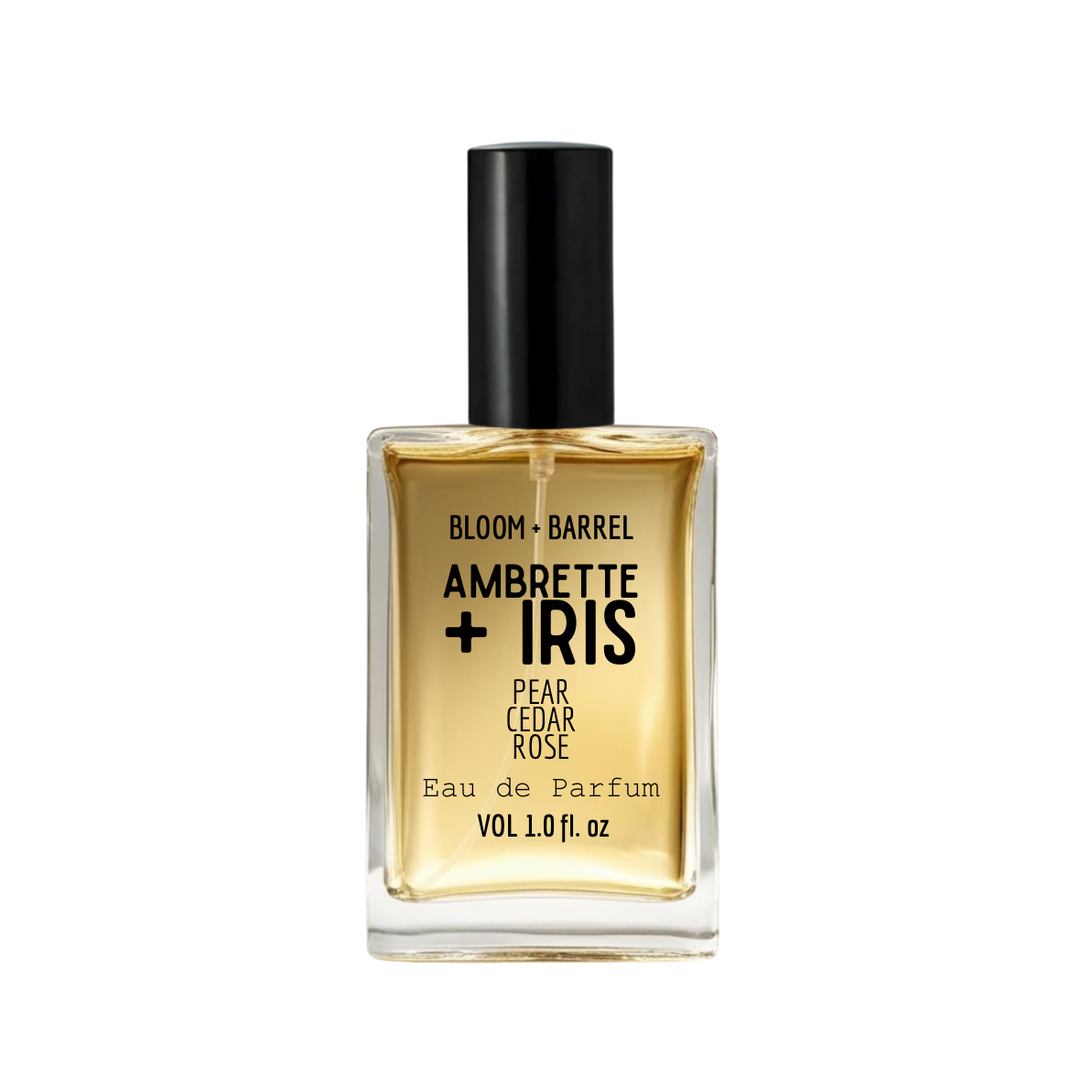 Perfume bottle labeled 'Ambrette + Iris' by Bloom & Barrel on a white background