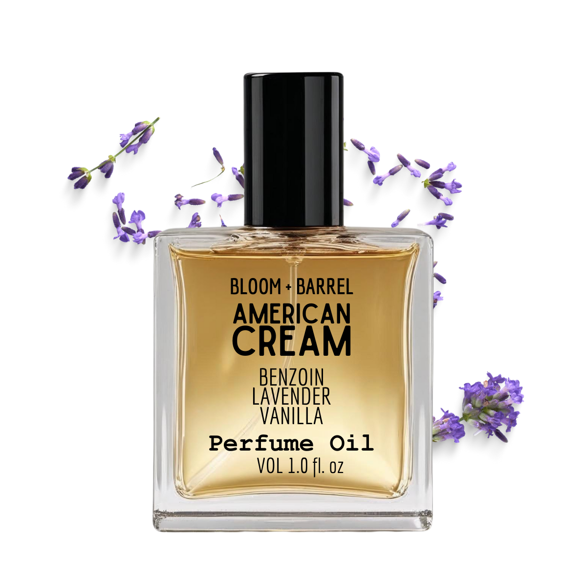 Perfume oil bottle labeled 'American Cream' with lavender flowers on a white background