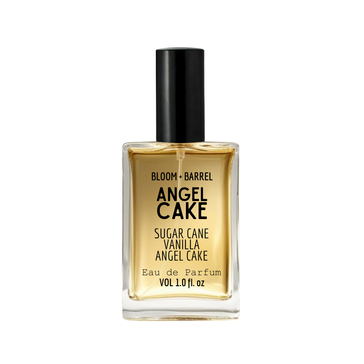 Perfume bottle labeled 'Angel Cake' by Bloom & Barrel on a white background