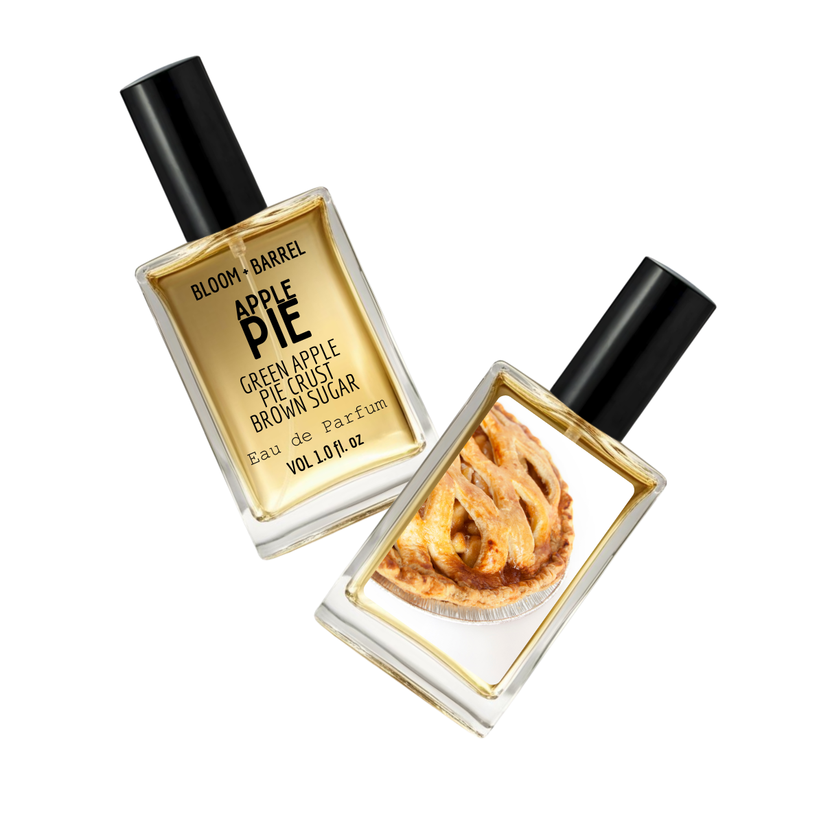 Two perfume bottles with 'Apple Pie' theme on a white background