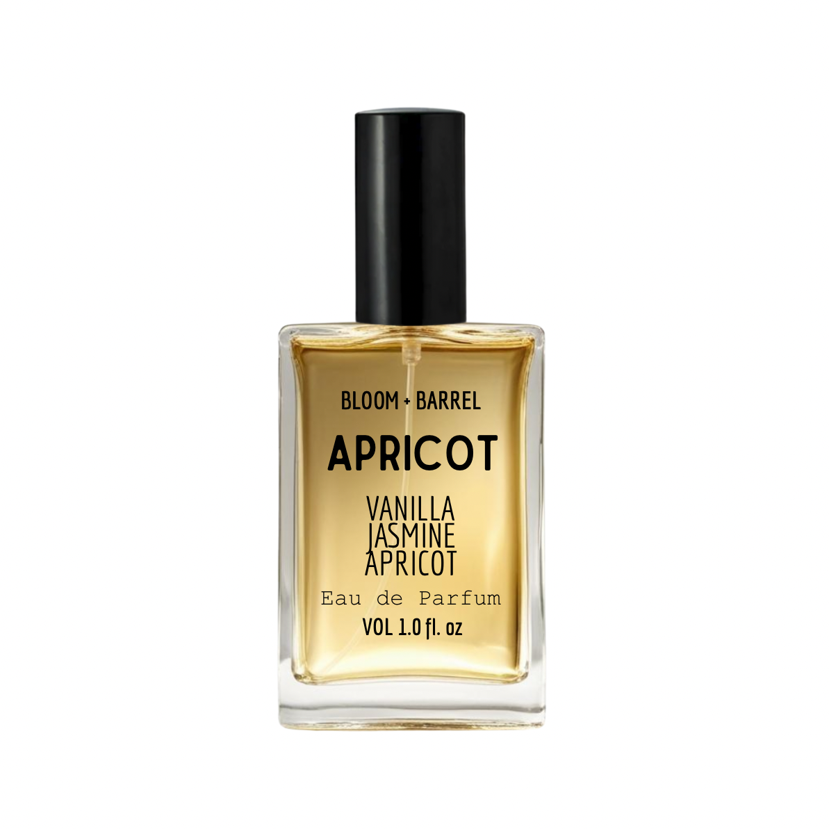 Perfume bottle labeled 'Apricot' by Bloom & Barrel on a white background