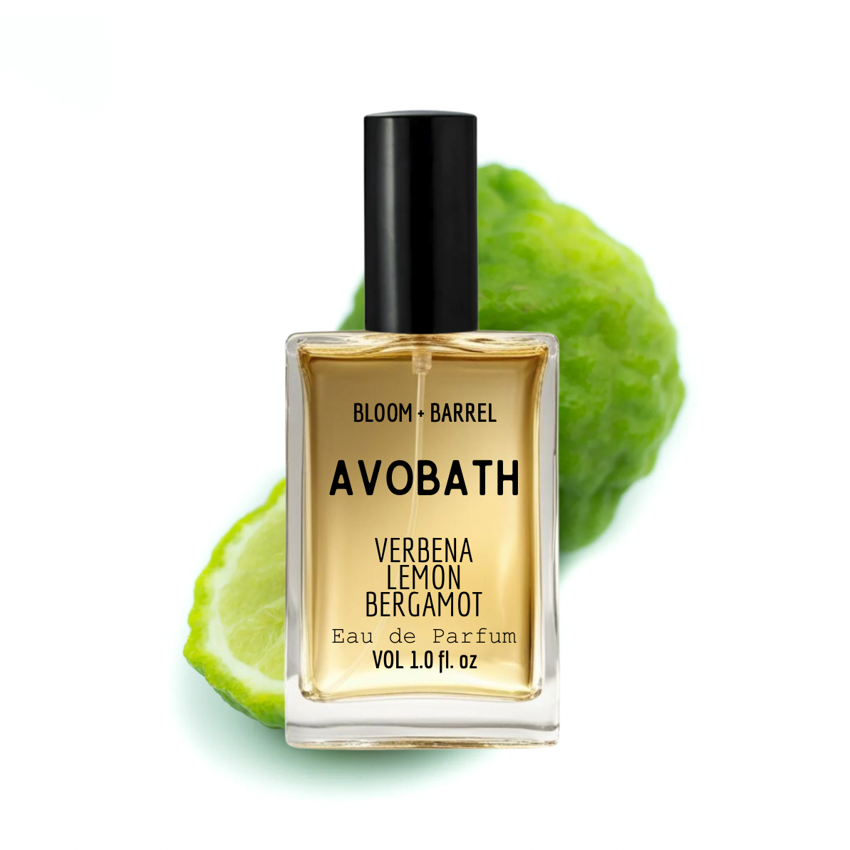 Avobath eau de parfum bottle with lemon bergamot fruit on a white background