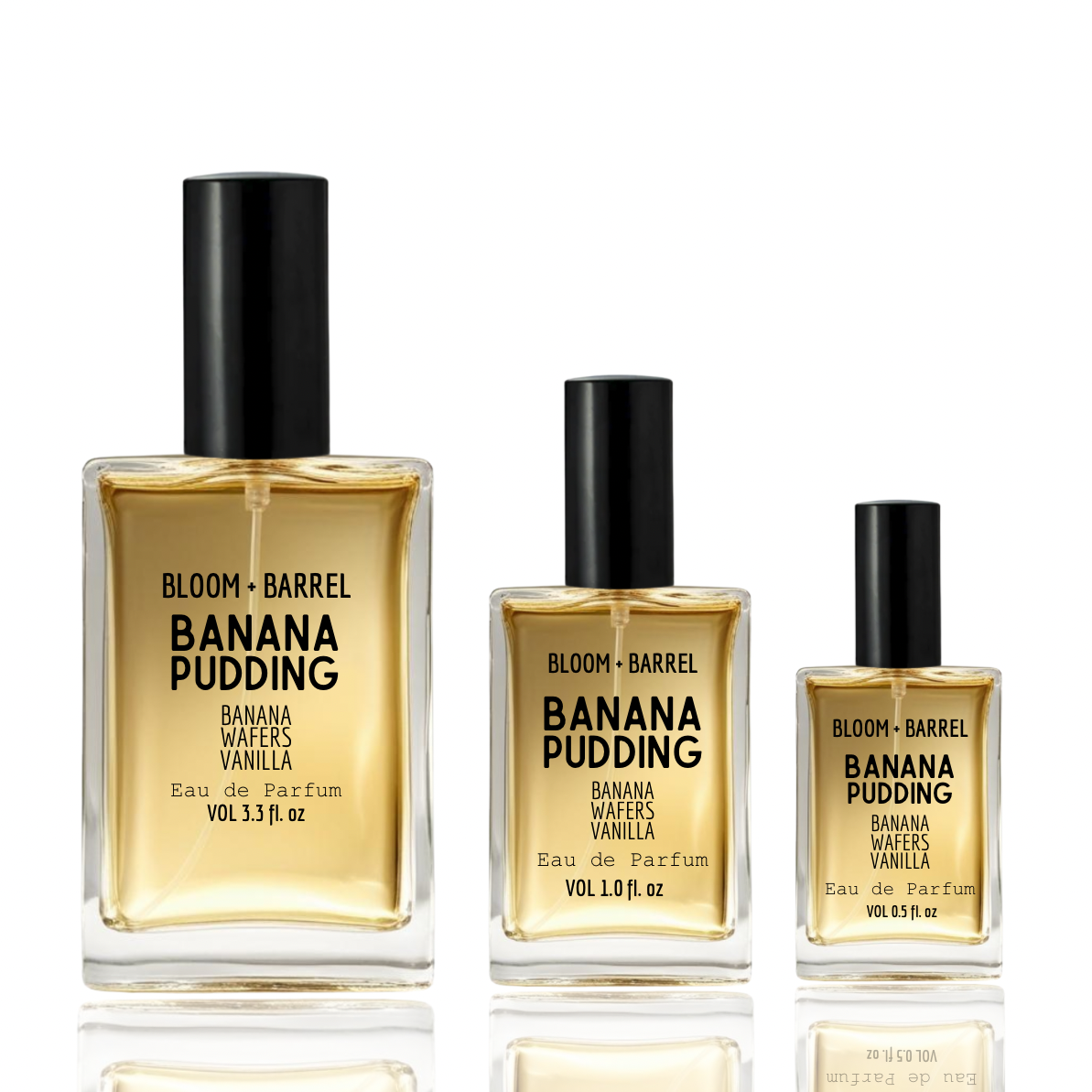 Three bottles of Bloom + Barrel Banana Pudding perfume on a white background