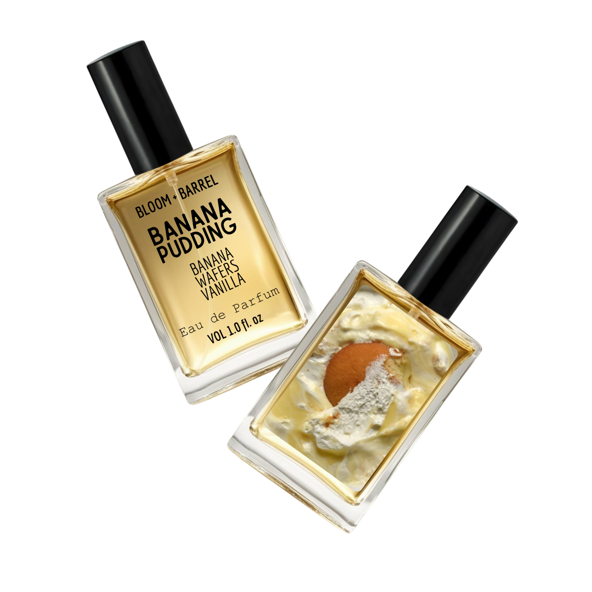 Two perfume bottles with 'Banana Pudding' flavor on a white background