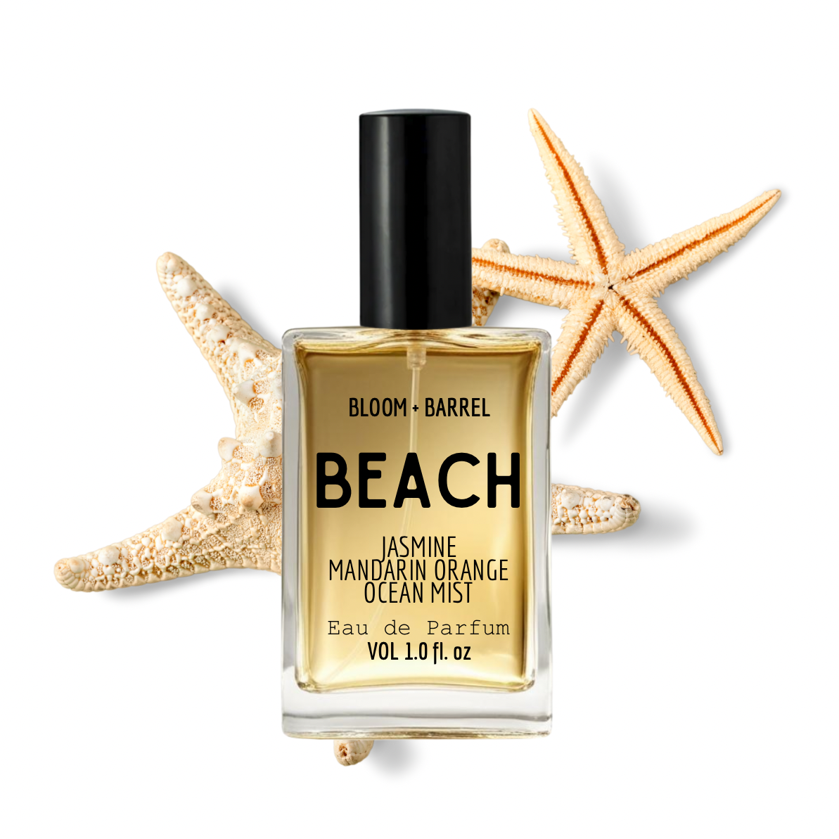 Perfume bottle labeled 'Beach' with starfish on a white background
