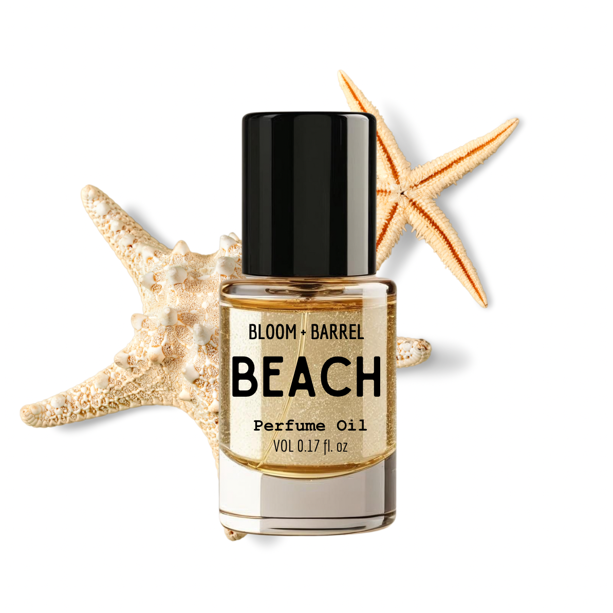 Perfume oil bottle labeled 'Beach' with starfish on a white background