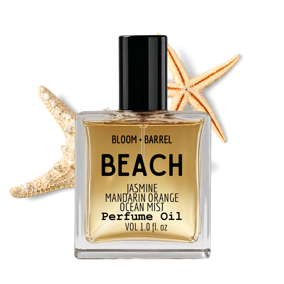 Perfume oil bottle labeled 'Beach' with starfish on a white background
