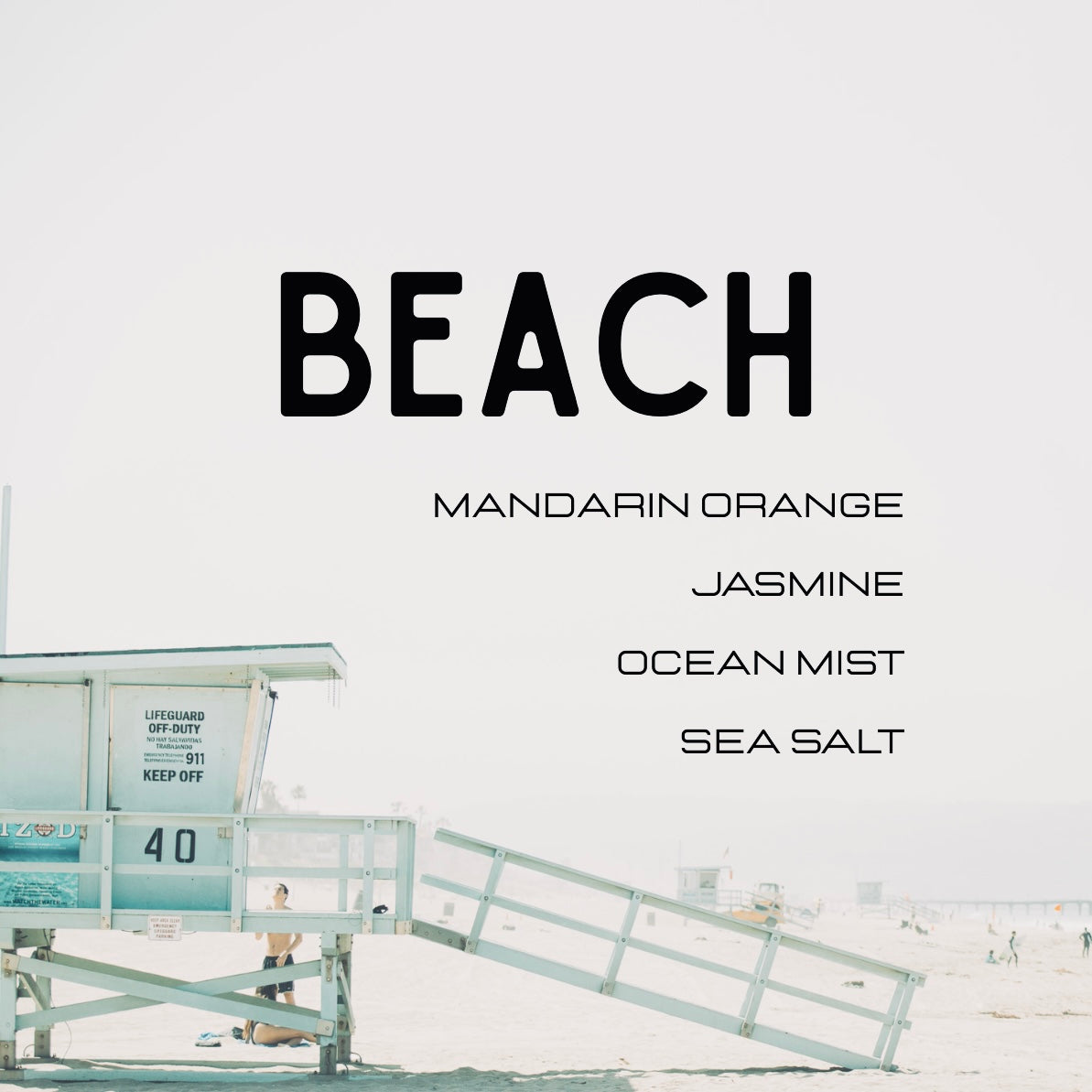 Beach scene with a lifeguard tower and text overlay on a white background