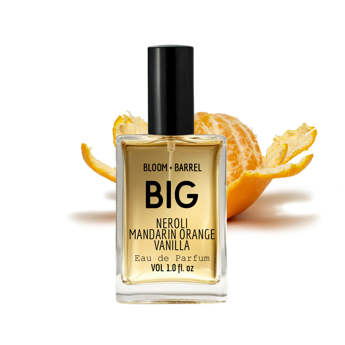 Perfume bottle labeled 'BIG' with an orange peel on a white background