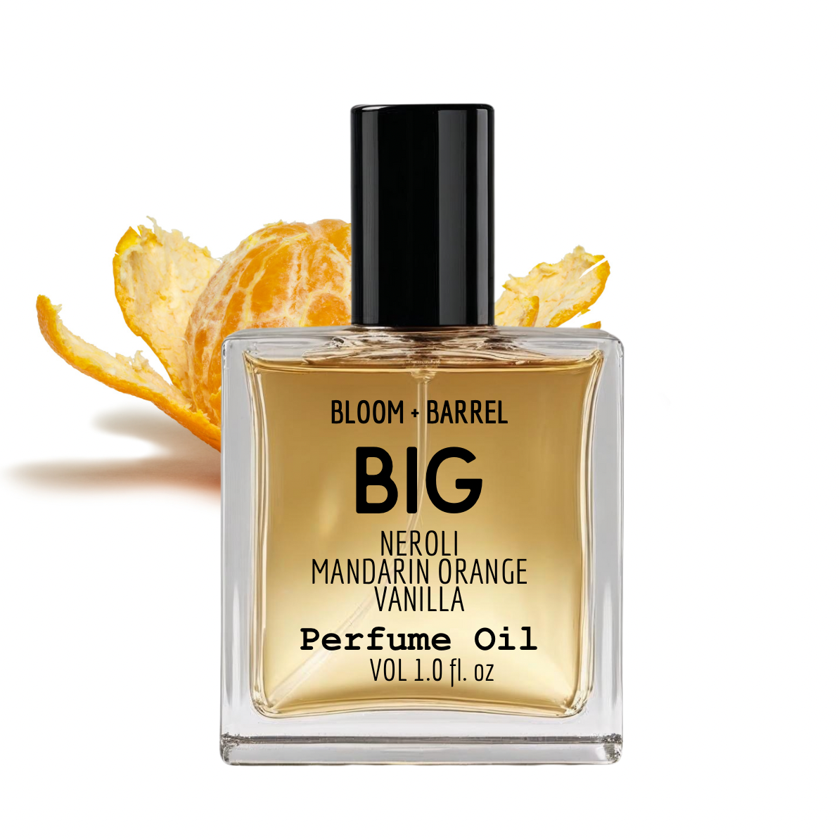 Perfume oil bottle with orange peel and vanilla bean on a white background