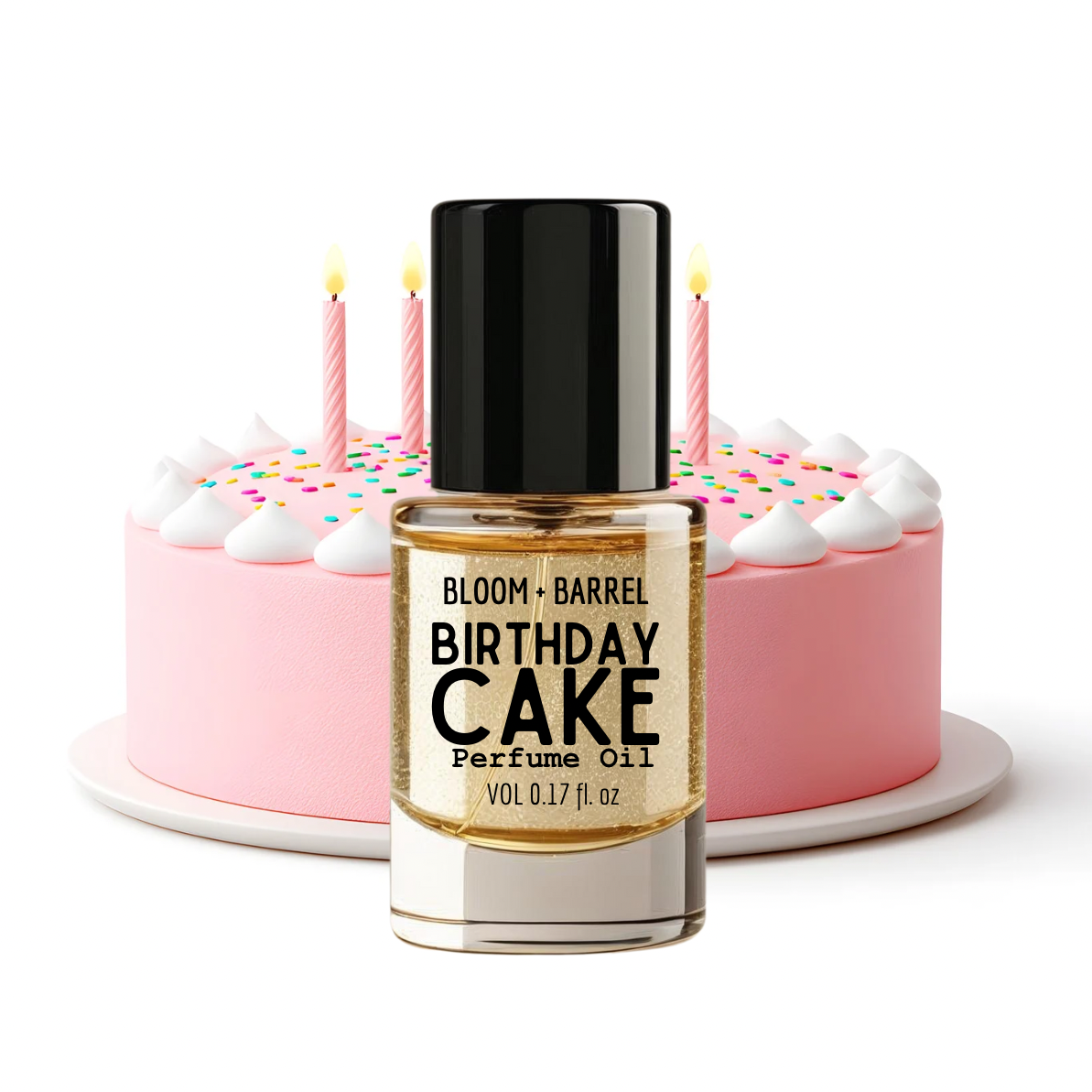 Bottle of Bloom & Barrel Birthday Cake perfume oil with a cake in the background