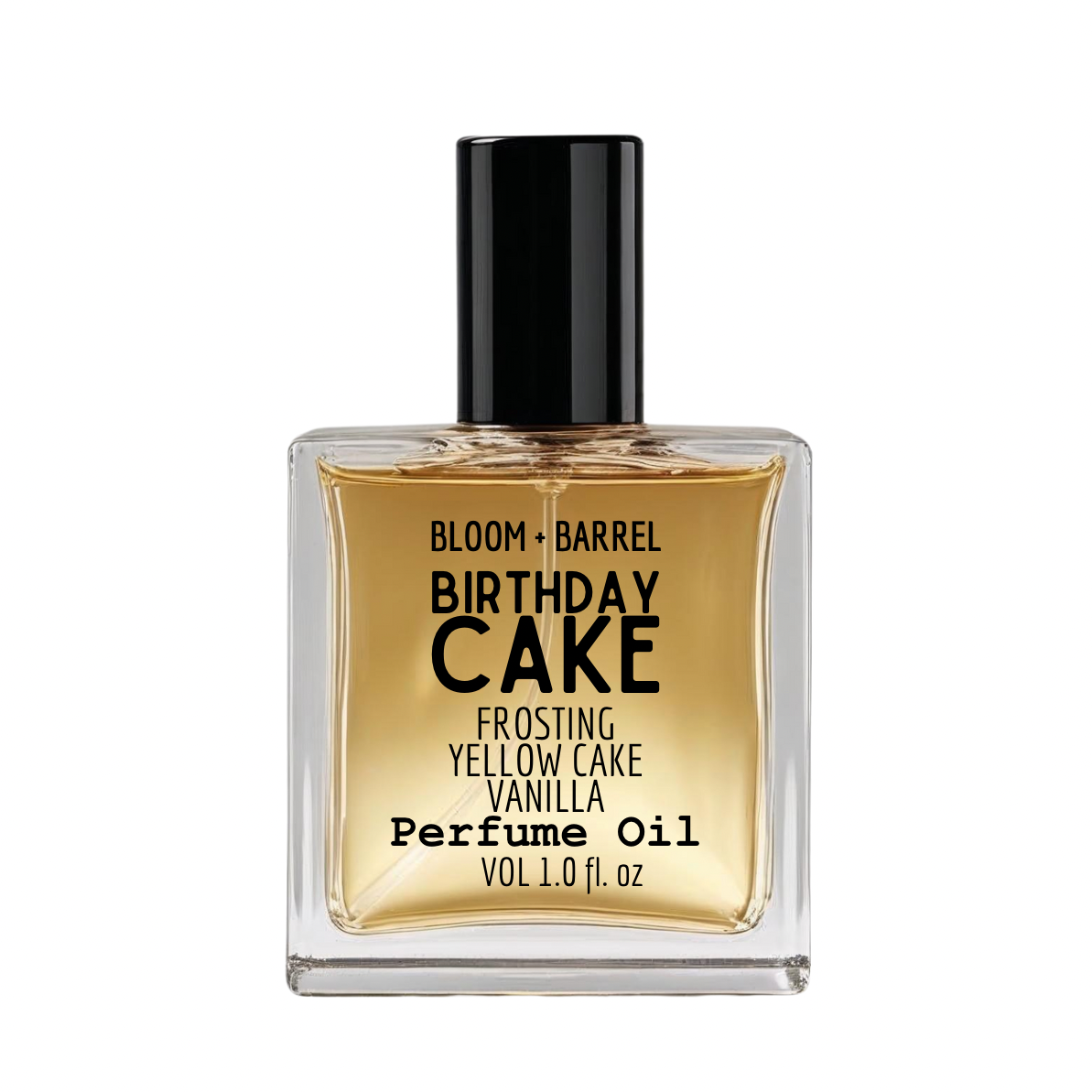 Perfume oil bottle labeled 'Birthday Cake' by Bloom + Barrel on a white background