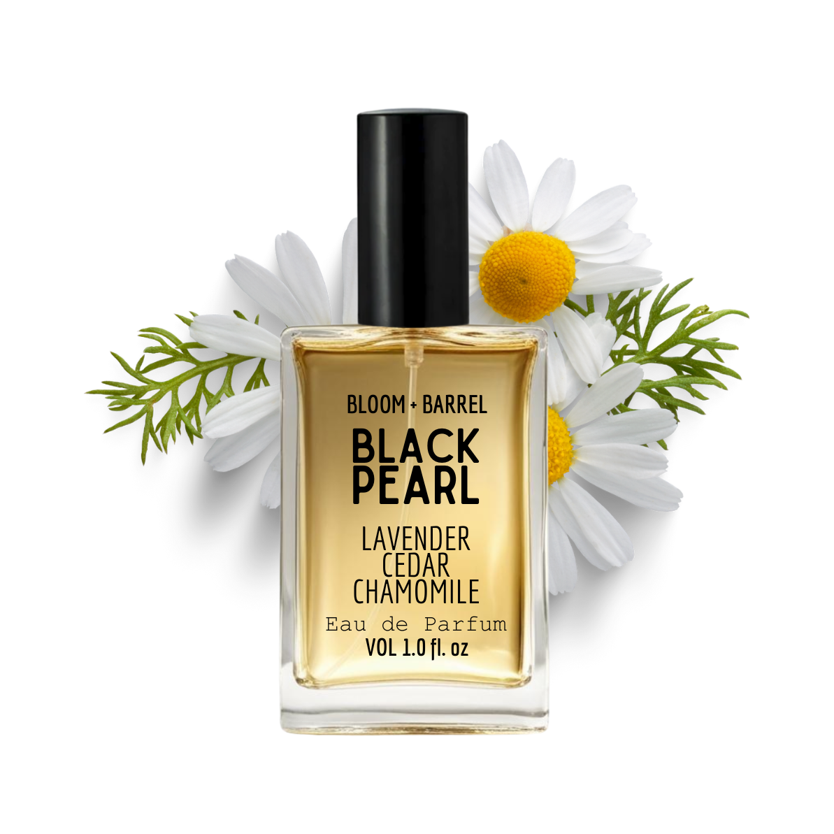 Perfume bottle labeled 'Black Pearl' with flowers on a white background