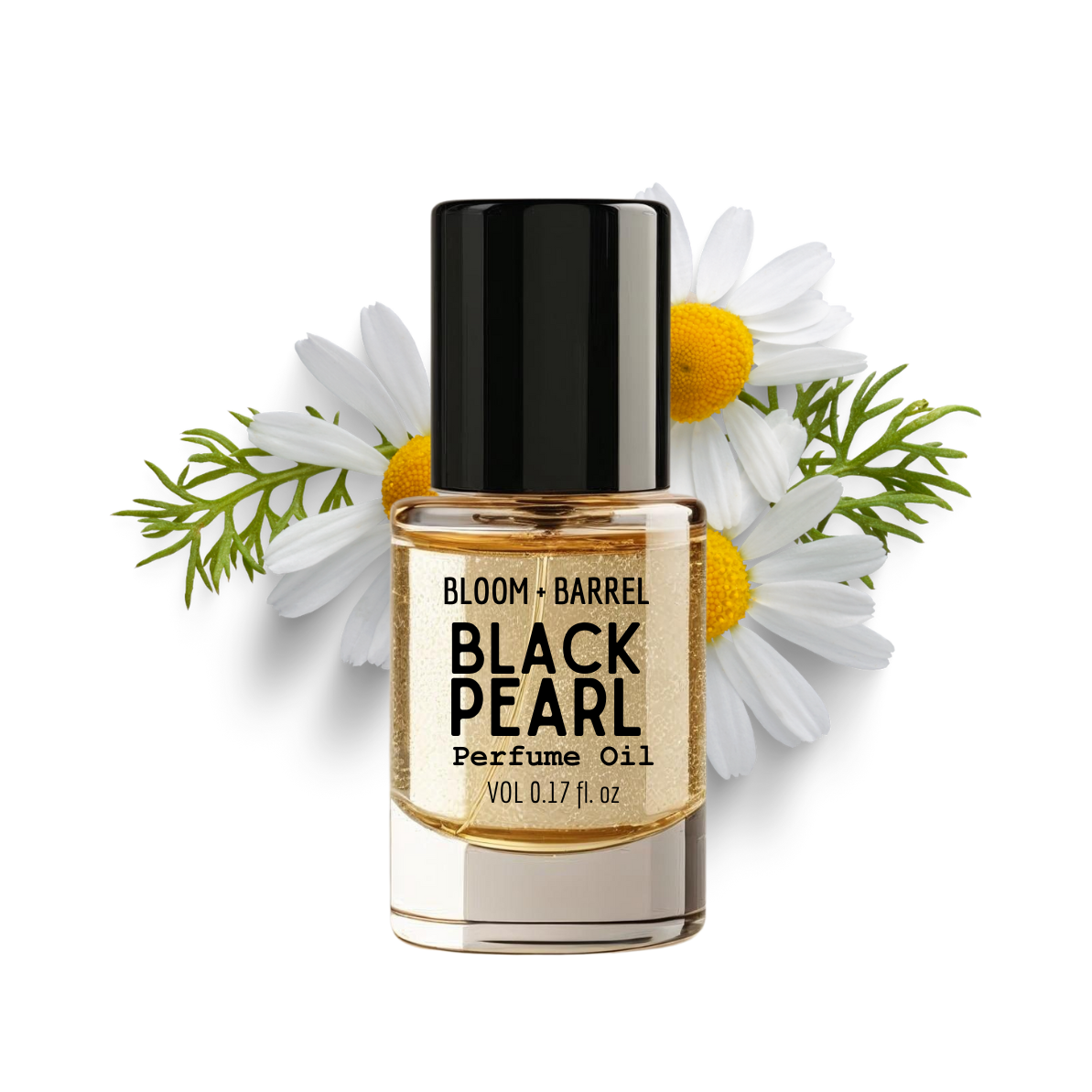 Bottle of Bloom & Barrel Black Pearl Perfume Oil with daisies on a white background