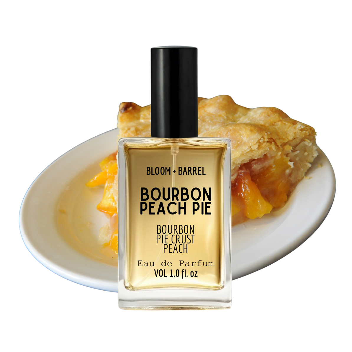 Bottle of Bloom & Barrel Bourbon Peach Pie perfume with a slice of peach pie on a white plate.