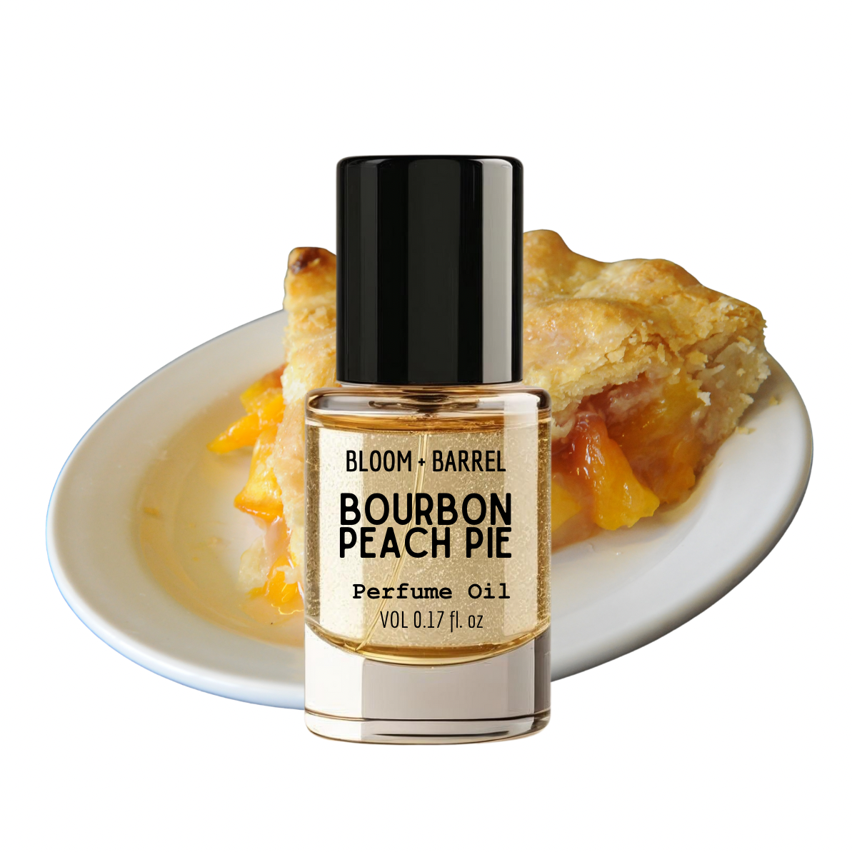 Bottle of Bloom & Barrel Bourbon Peach Pie perfume oil with a slice of peach pie on a white plate.