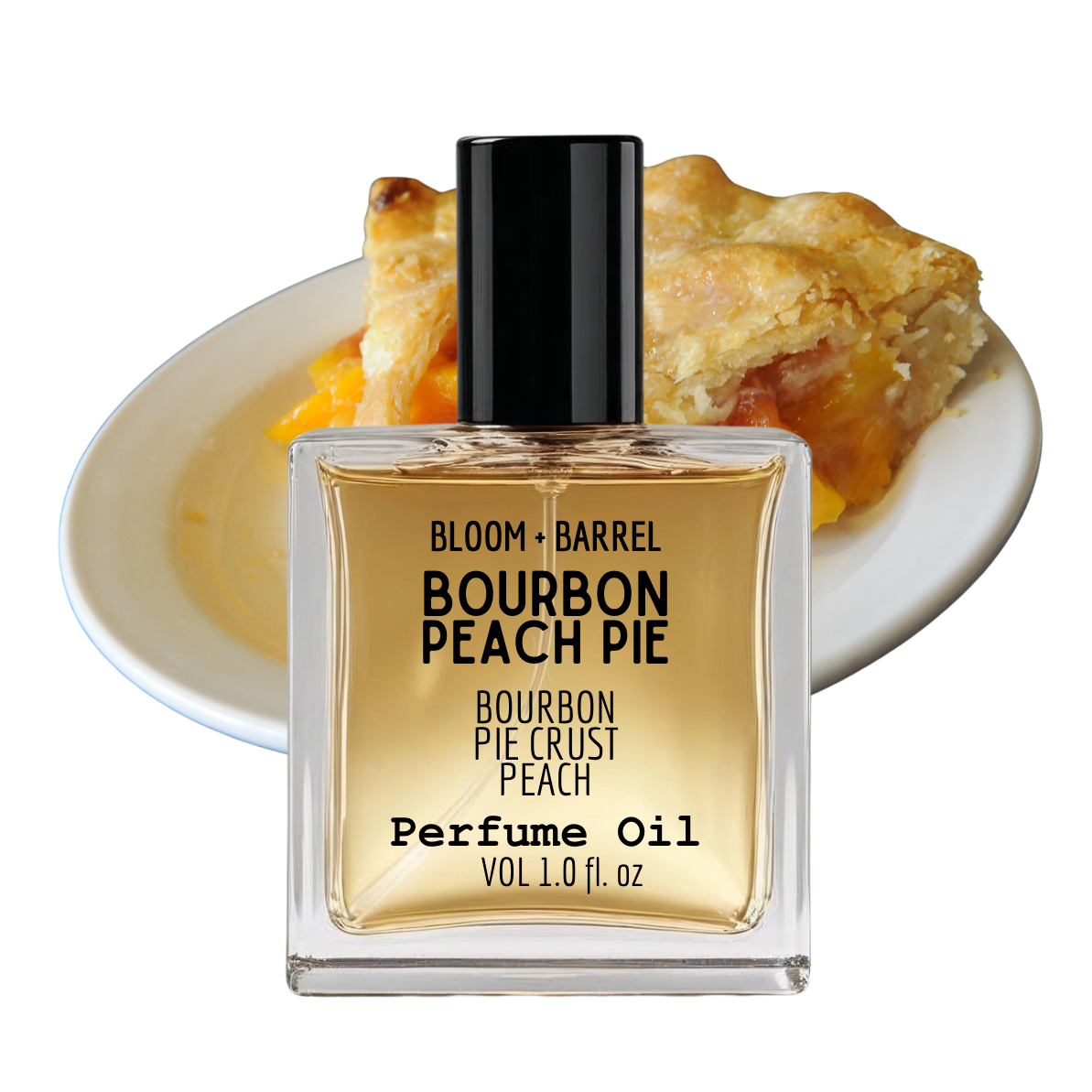 Perfume oil bottle labeled 'Bourbon Peach Pie' with a slice of pie in the background