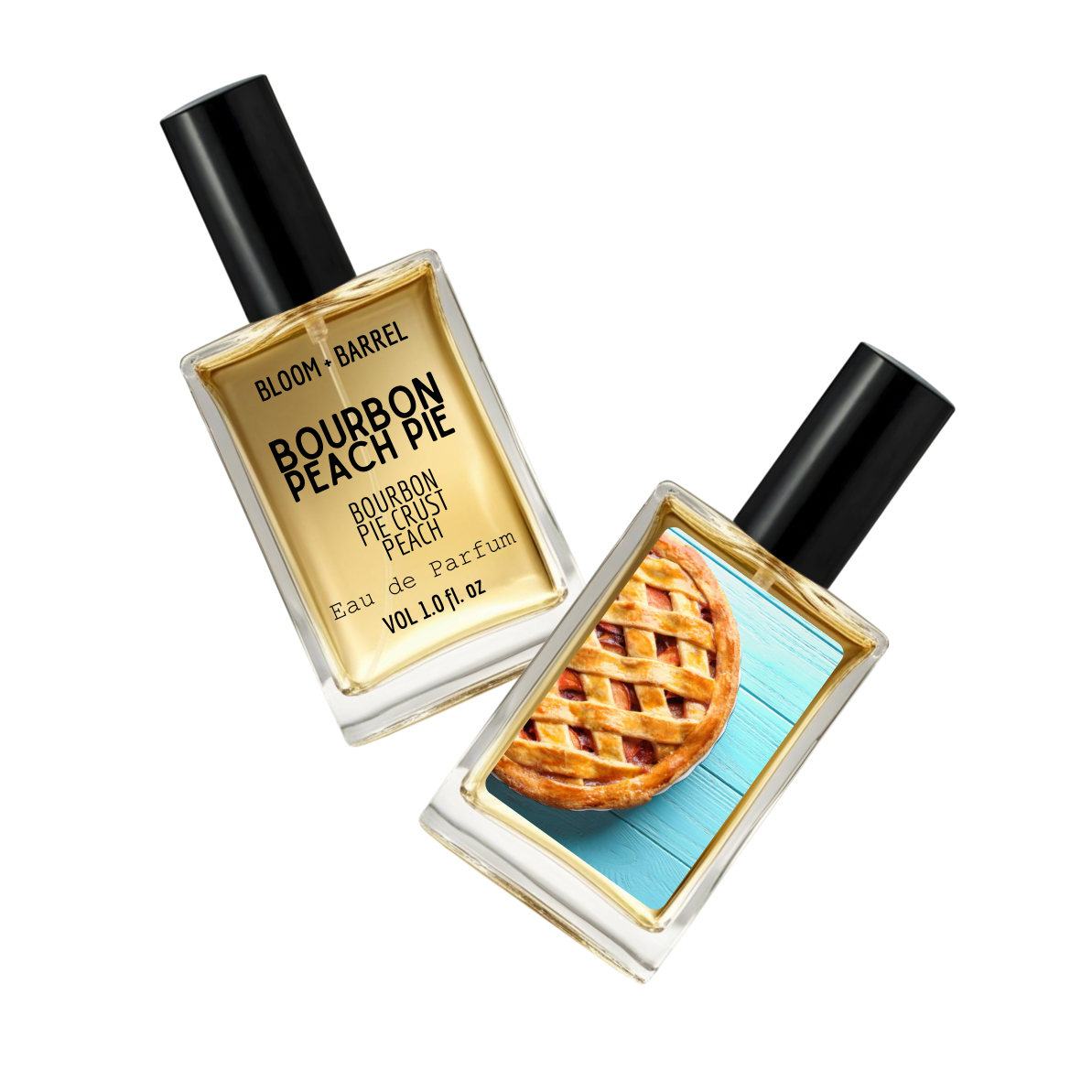 Two perfume bottles labeled 'Bourbon Peach Pie' by Bloom & Barrel on a white background.