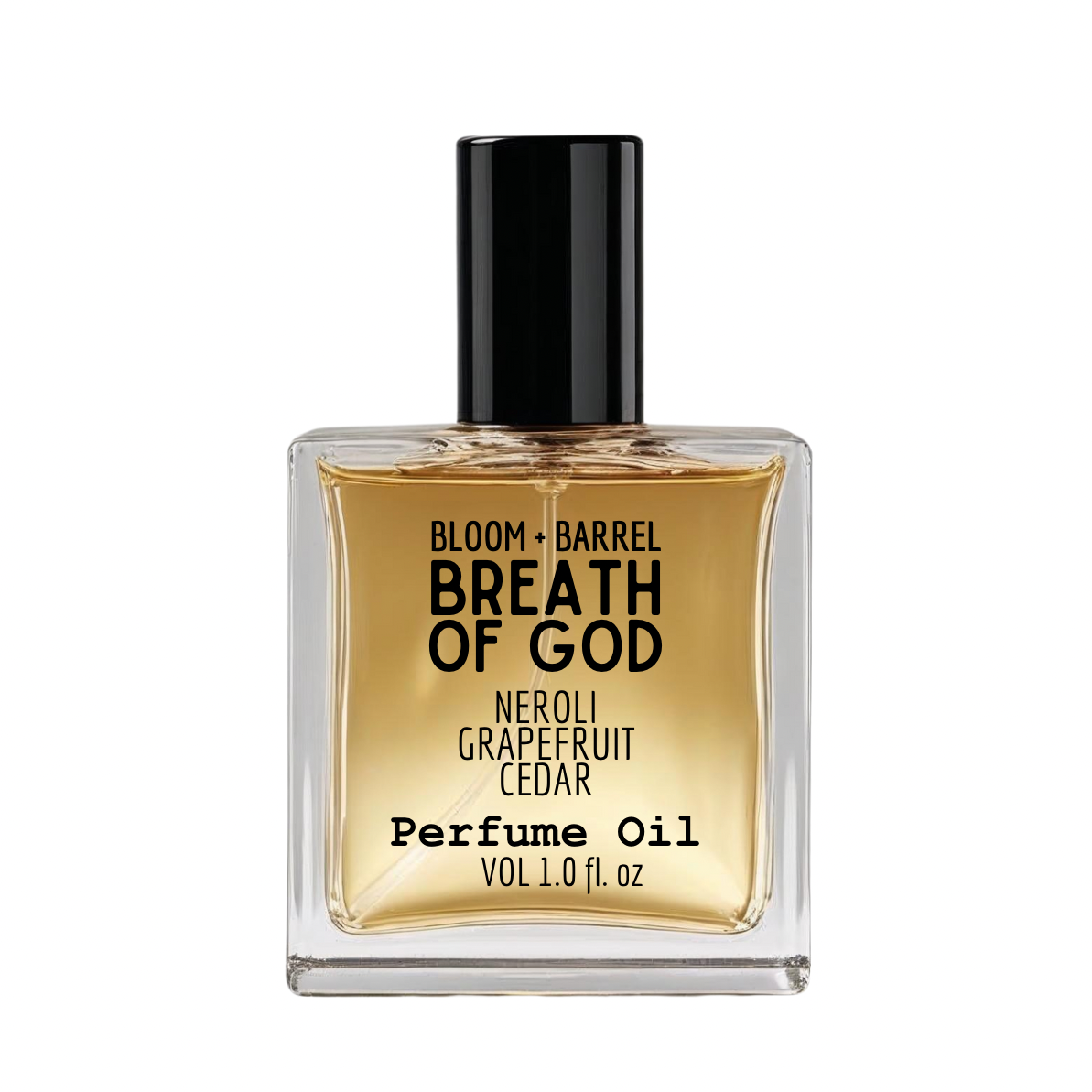 Perfume oil bottle labeled 'Breath of God' with gold label and black cap on white background