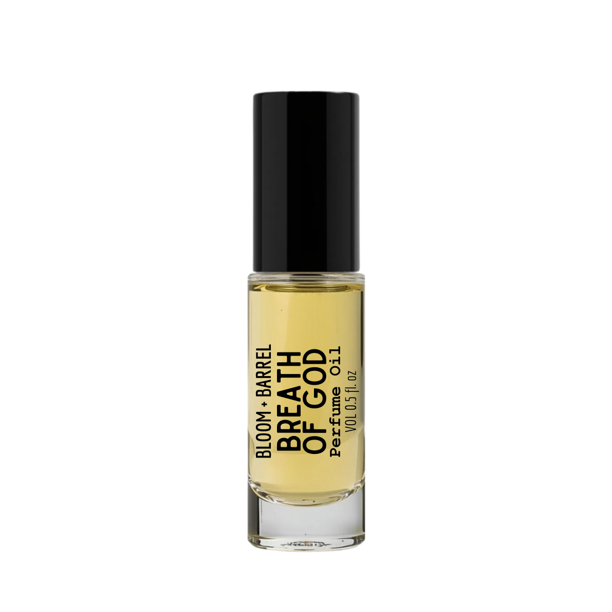 Perfume bottle labeled 'Bloom & Barrel Breath of God' on a white background