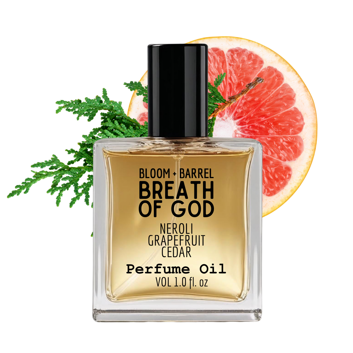 Perfume oil bottle with a slice of grapefruit and green leaves on a white background