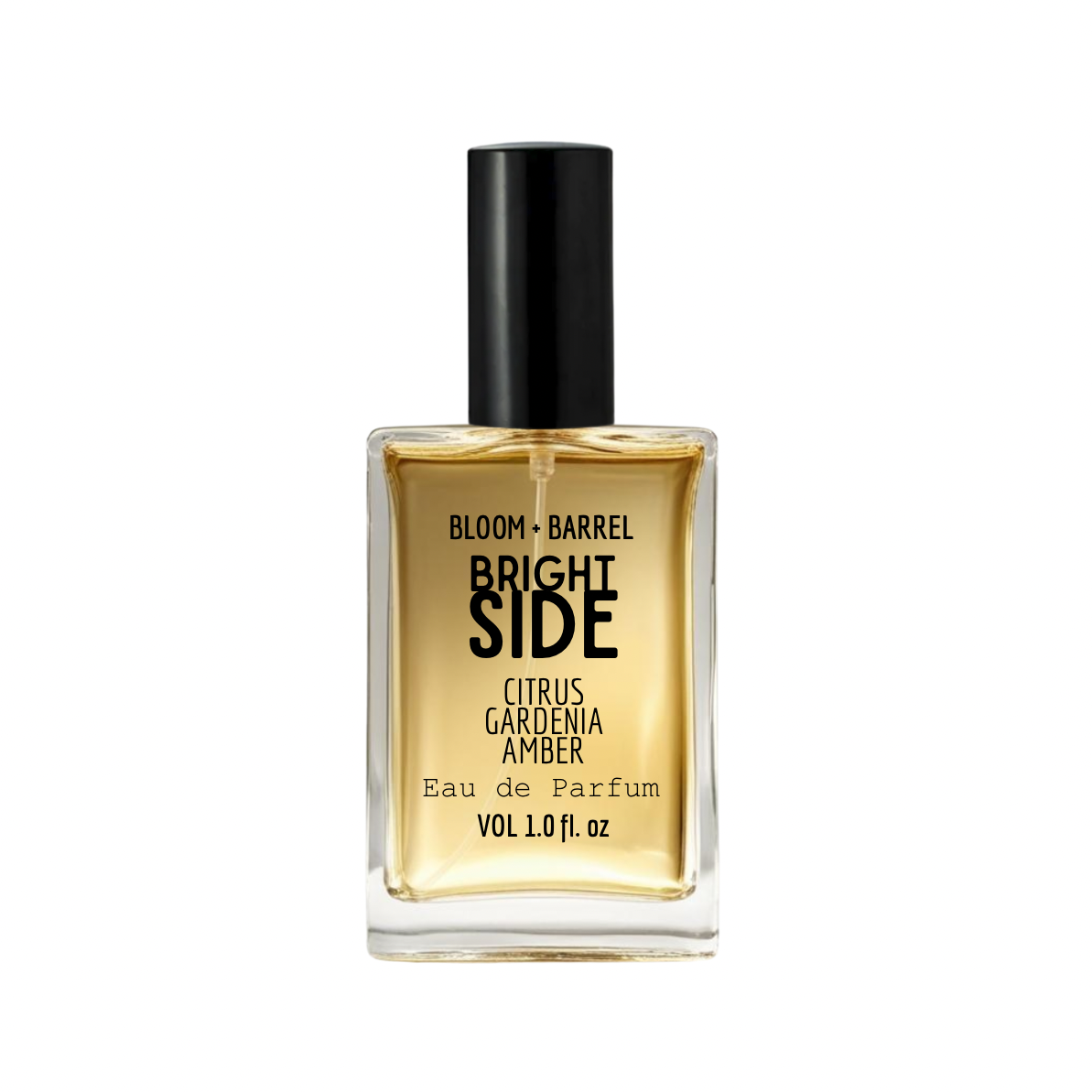 Perfume bottle labeled 'Bright Side' by Bloom & Barrel on a white background
