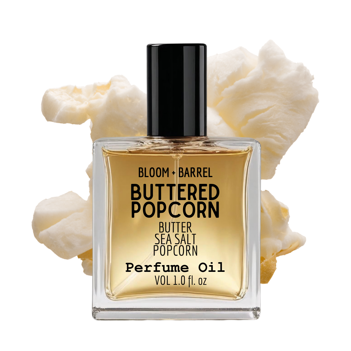 Perfume oil bottle labeled 'Buttered Popcorn' with popcorn kernels on a white background