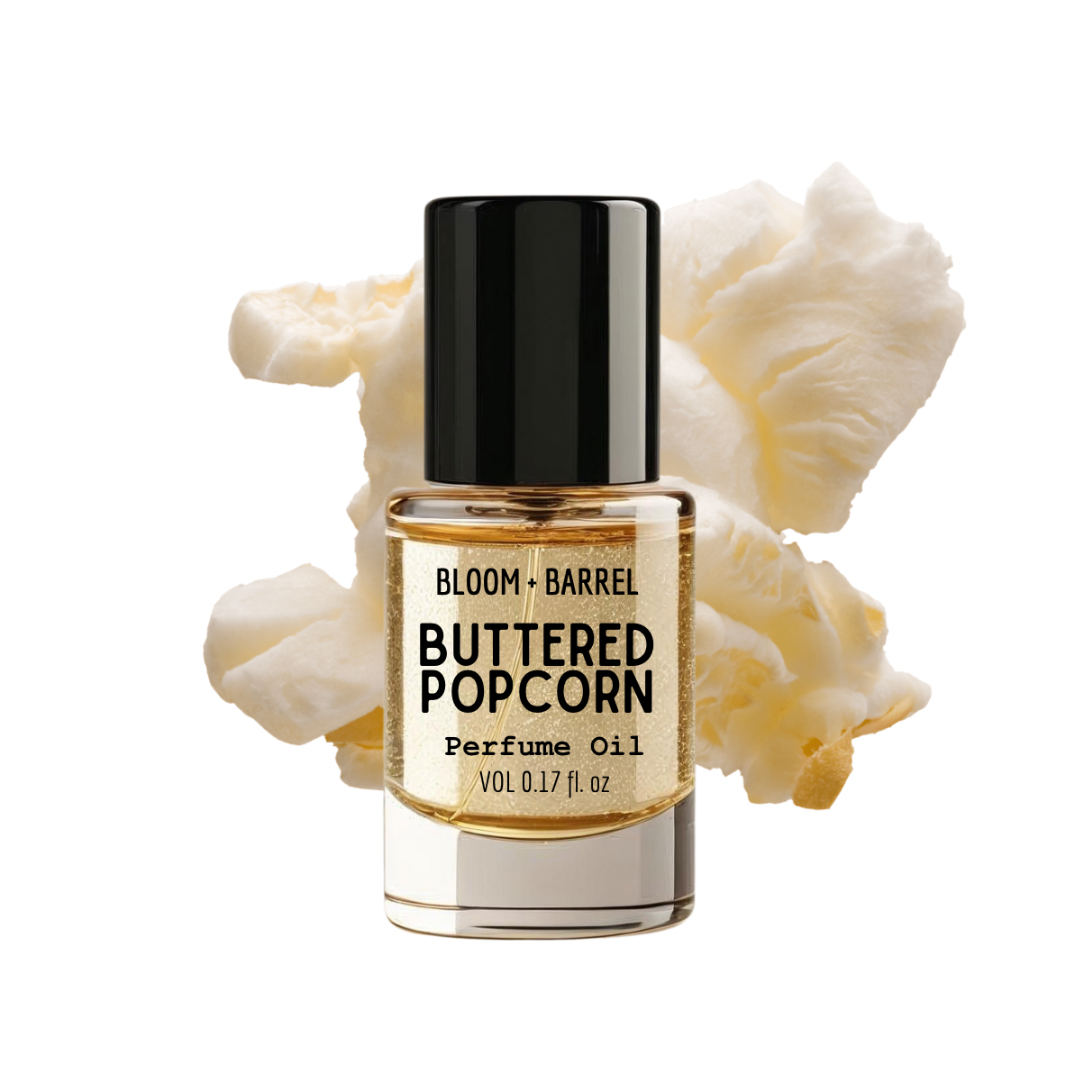 Bottle of Bloom & Barrel Buttered Popcorn perfume oil with decorative elements on a white background