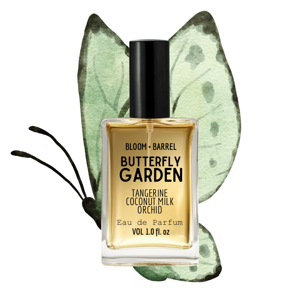 Perfume bottle labeled 'Butterfly Garden' with butterfly wings on a white background