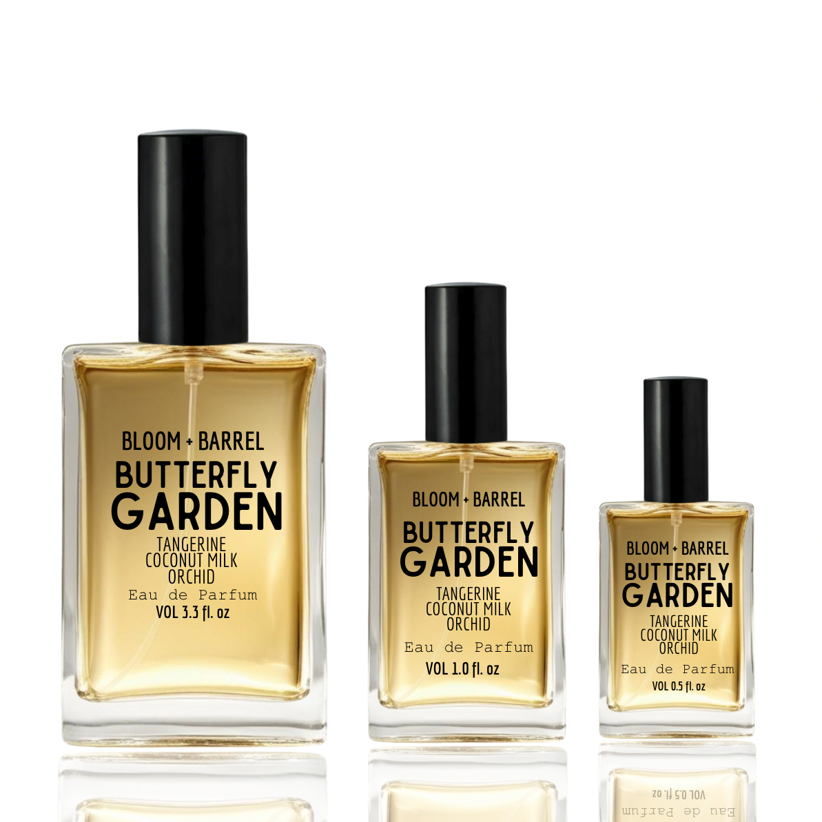 Three bottles of Bloom & Barrel Butterfly Garden perfume on a white background