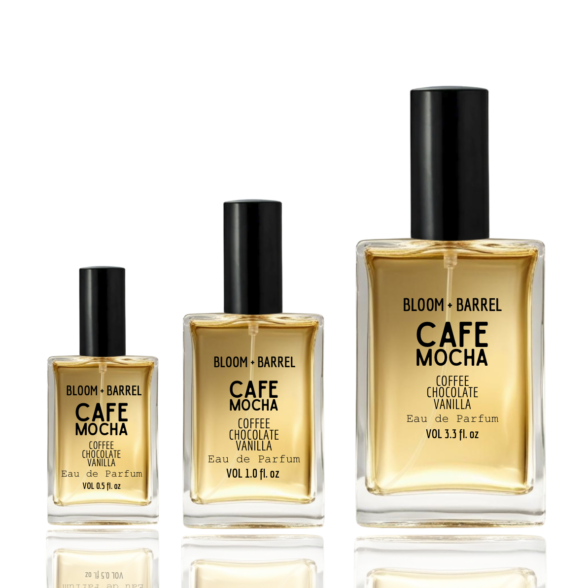 Three bottles of Bloom & Barrel Cafe Mocha perfume on a white background