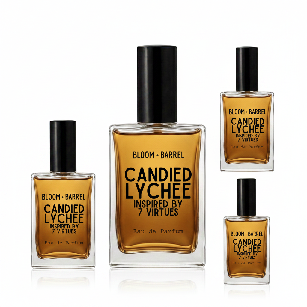 Four glass perfume bottles with black caps from Bloom Barrel, including two larger and two smaller sizes of Candied Lychee Inspired by 7 Virtues Eau de Parfum, arranged on a plain white background.
