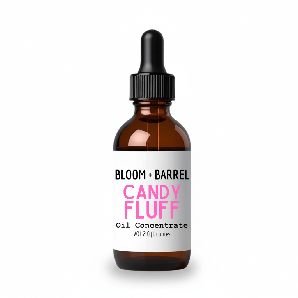 Bottle of Bloom + Barrel Candy Fluff oil concentrate on a white background