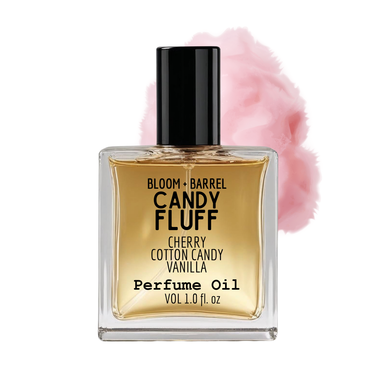 Perfume oil bottle labeled 'Candy Fluff' with a pink flower in the background