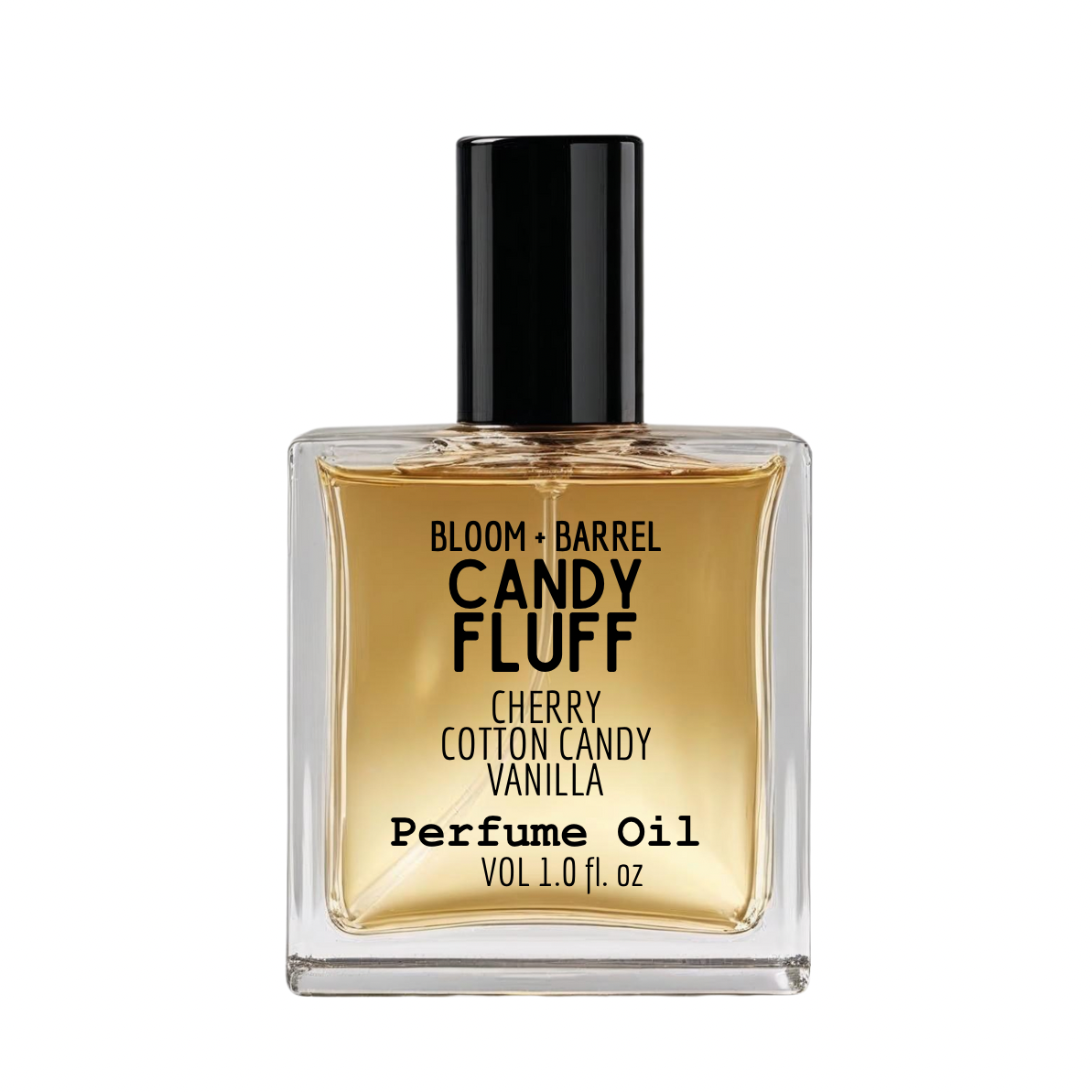 Perfume oil bottle labeled 'Candy Fluff' on a white background