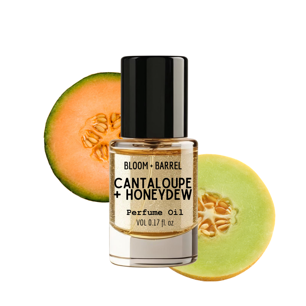 Bottle of Bloom & Barrel Cantaloupe + Honeydew perfume oil with slices of cantaloupe on a white background