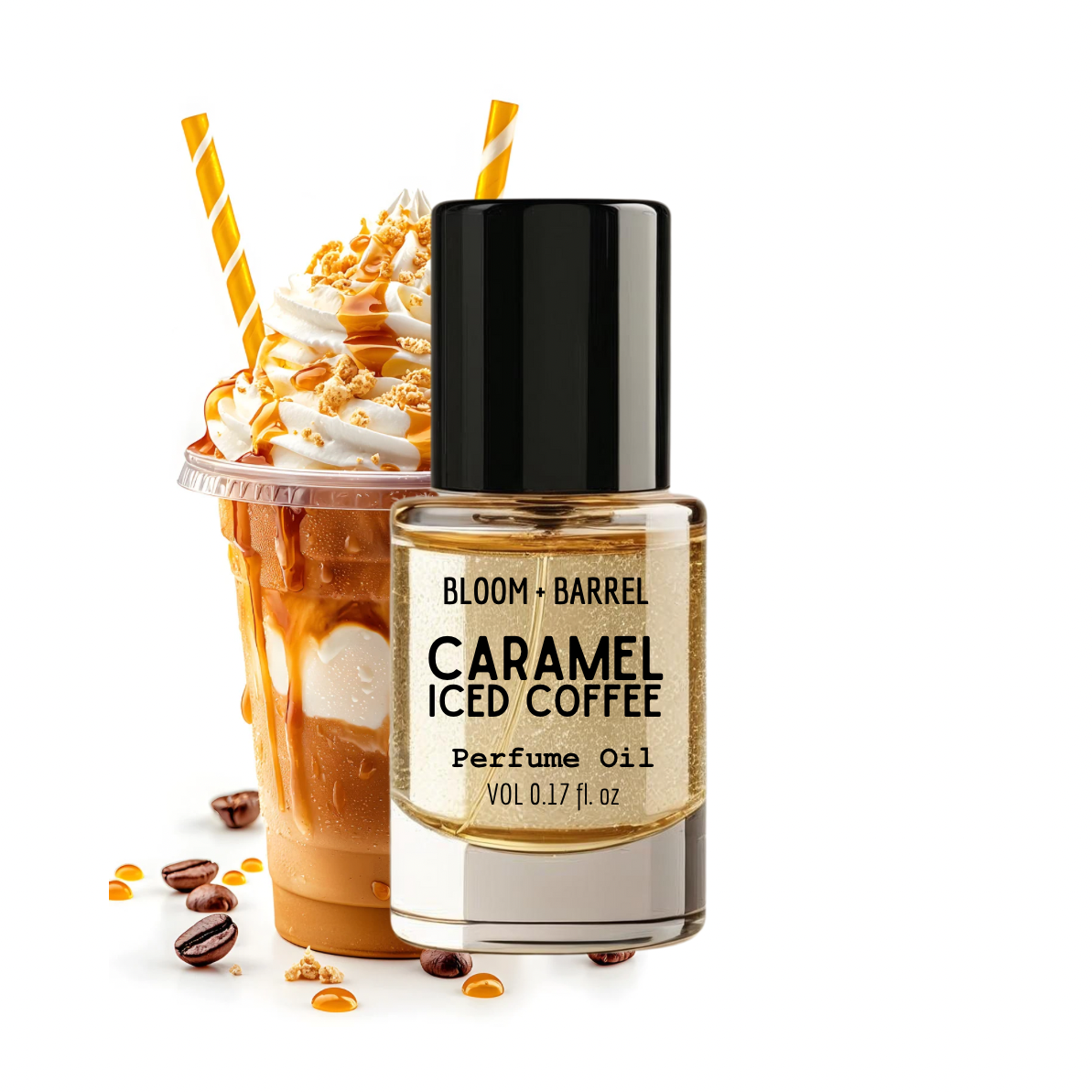 Bottle of Bloom & Barrel Caramel Iced Coffee perfume oil next to a caramel iced coffee cup.