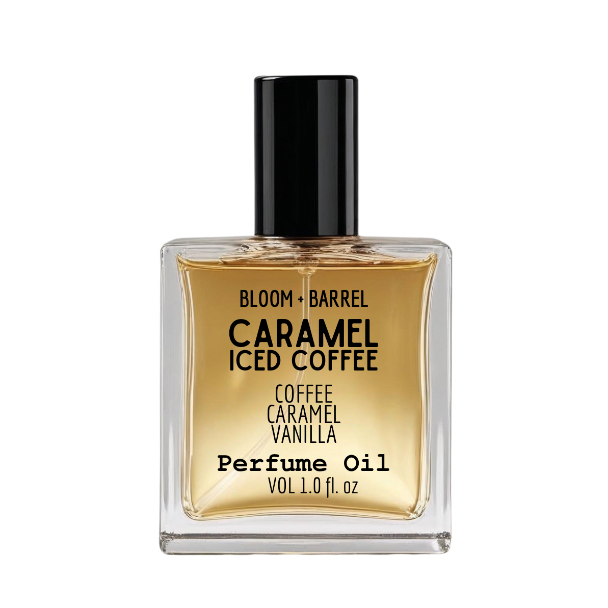 Perfume oil bottle labeled 'Caramel Iced Coffee' by Bloom & Barrel on a white background
