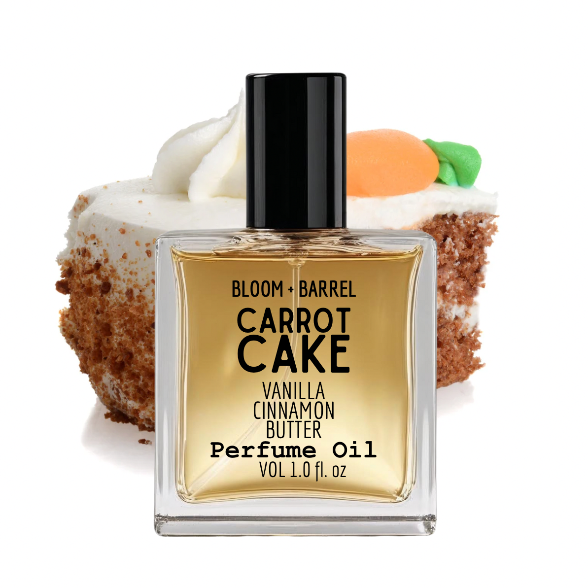 Bottle of Bloom & Barrel Carrot Cake perfume oil with a carrot cake model in the background