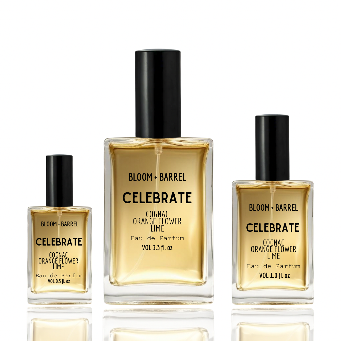 Three bottles of Bloom + Barrel Celebrate perfume on a white background