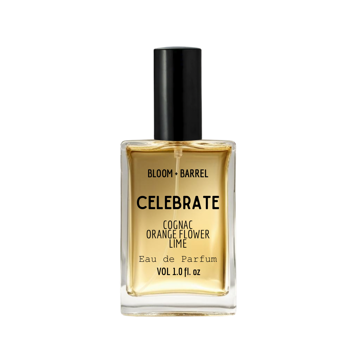 Perfume bottle labeled 'Celebrate' by Bloom & Barrel on a white background