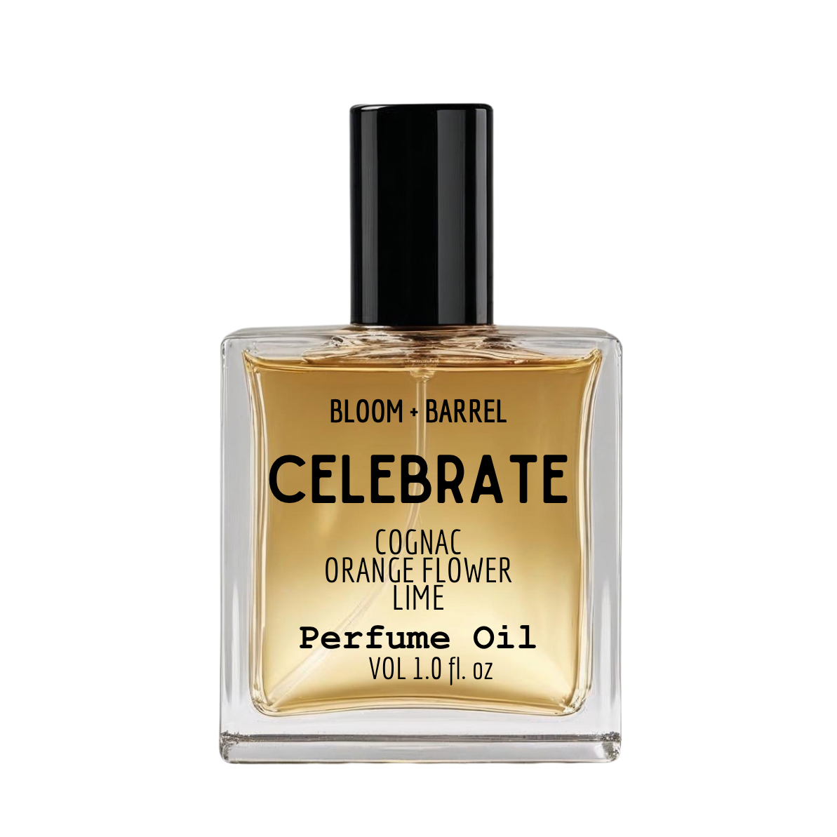 Perfume oil bottle labeled 'Celebrate' by Bloom & Barrel on a white background