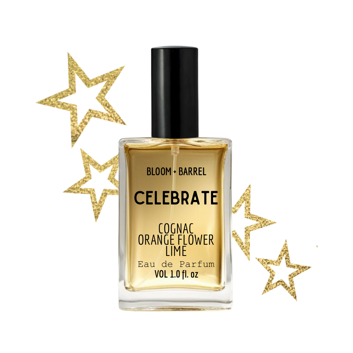 Perfume bottle labeled 'Celebrate' with gold label and black cap on a white background with gold stars.